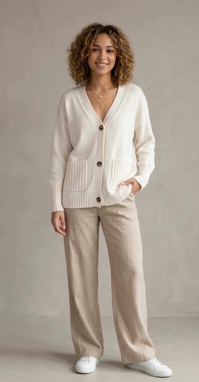 Button-Down Beige Cardigan Sweater.